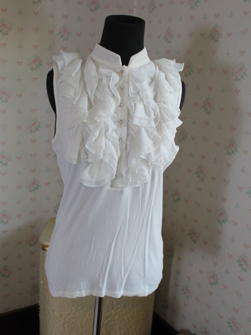 August Silk Ruffled Cream Sleeveless Blouse, Medium